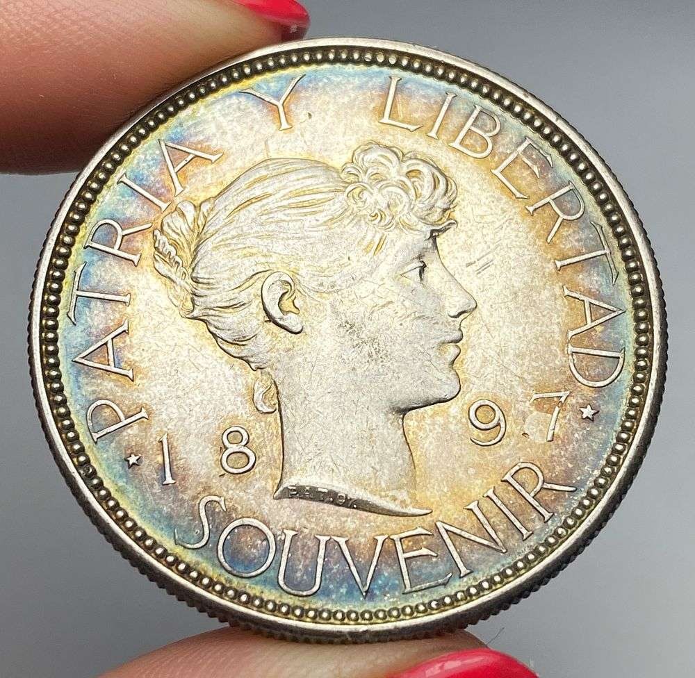 Beautifully Toned Rare 1897 Cuban Silver Souvenir Peso Choice AU+ (1 of 4)