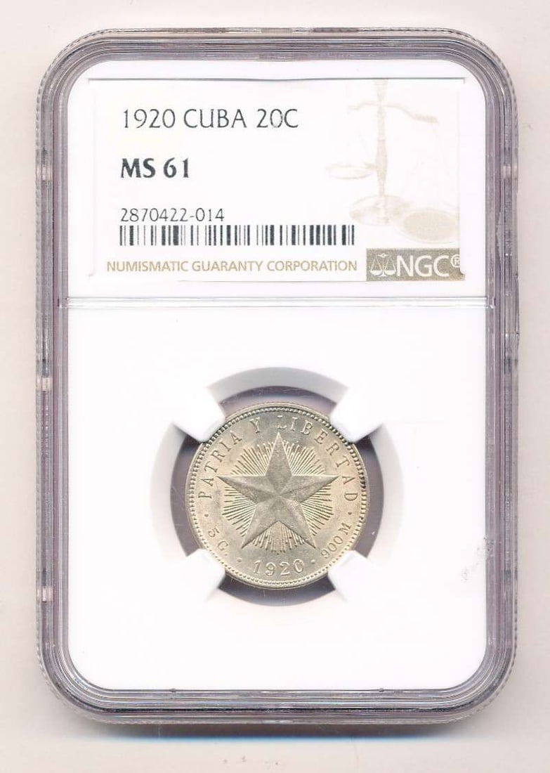 1920 Cuban 20 Centavos Peso Silver NGC MS61 (1 of 4)