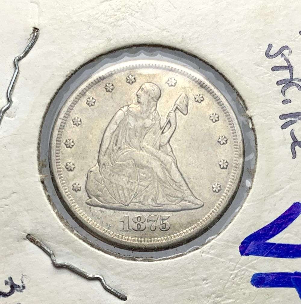 1875-CC Liberty Seated Silver 20c Full Strike VF (1 of 3)