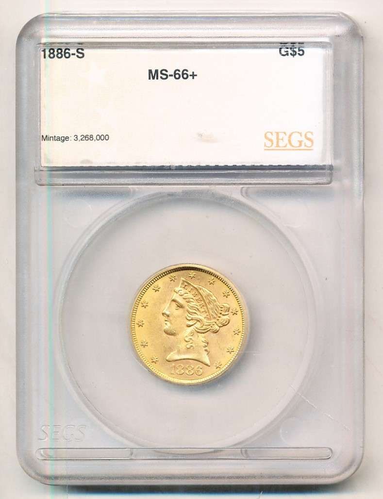 Last Minute! 1886-S Gold $5 Liberty Head MS66+: IMPORTANT NOTE: We do not agree with the grade provided with this "off-brand" grading company. Winner shall receive the exact coin shown here. (RM/LBBB)