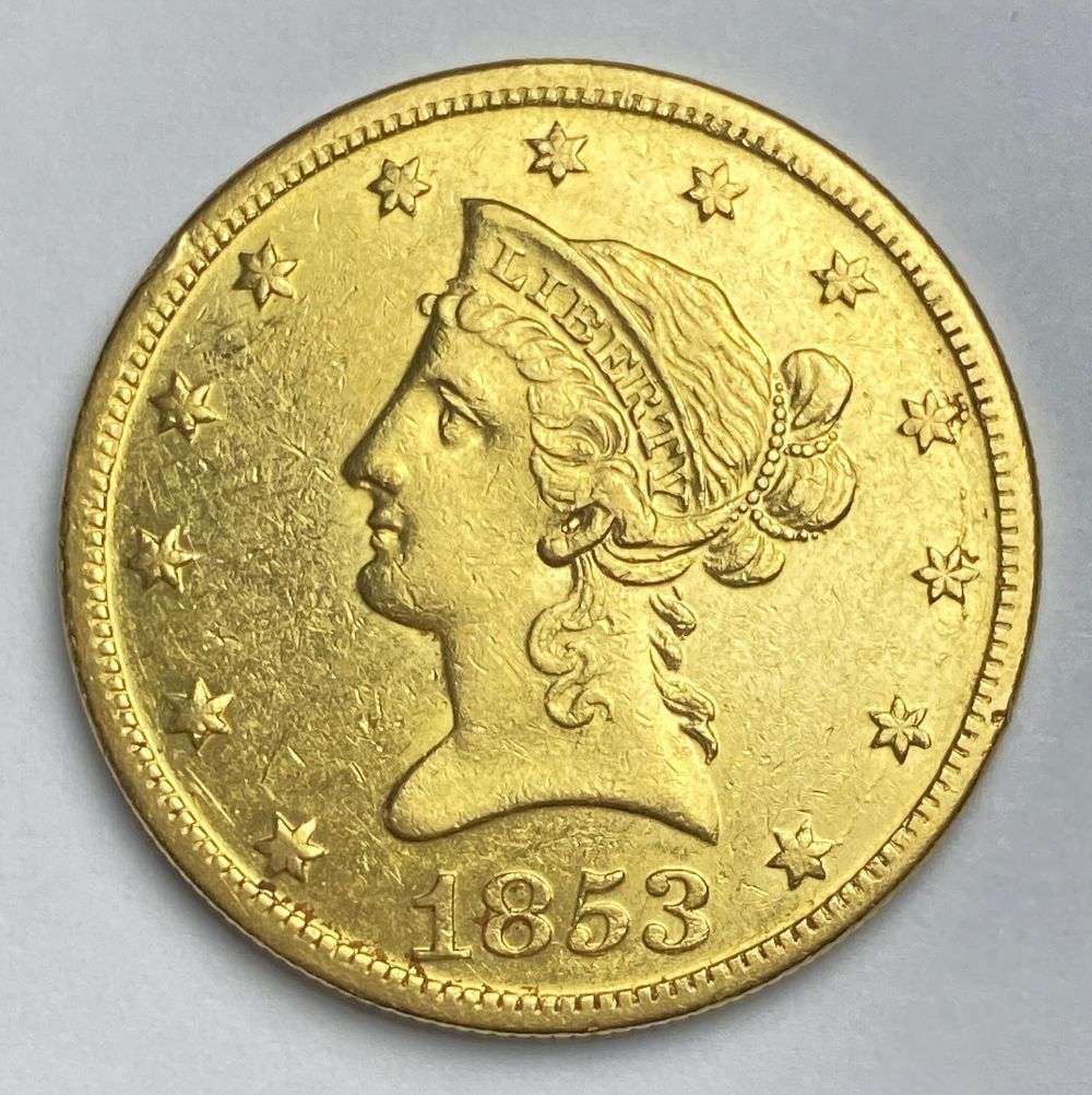 Last Minute! Rare Date New Orleans 1853-O Gold $10 Liberty Head AU58: Winner shall receive the exact coin shown here. (RR/UBBB)