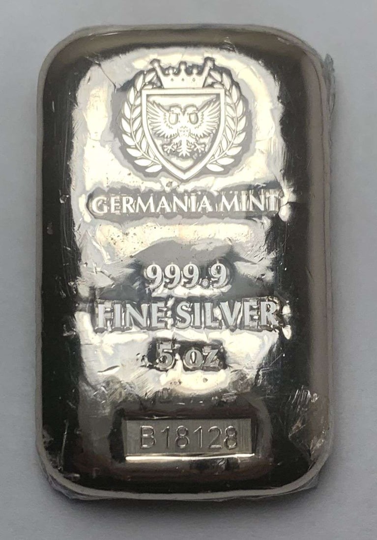 Germania Mint .9999 Silver 5 ozt Bar: Winner shall receive the exact bar shown here. (RM/B)