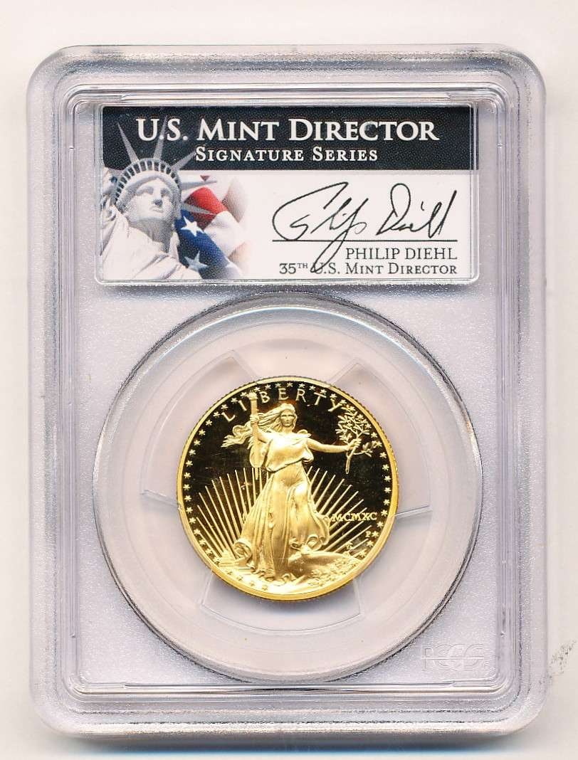 Last Minute! 1990-P American $25 Gold Eagle 1/2 ozt PCGS PF69 DCAM Signed By Philip Diehl: Winner shall receive the exact coin shown here. (MK/ULET)