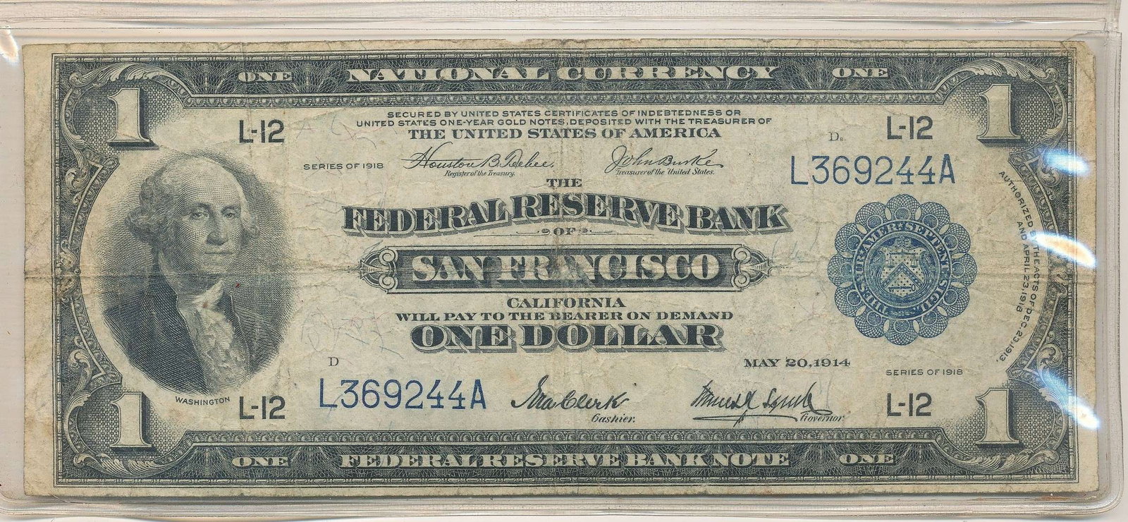 1918 United States $1 Federal Reserve Bank Note San Francisco: Winner shall receive the exact note shown here. (RR/TVC=IB)