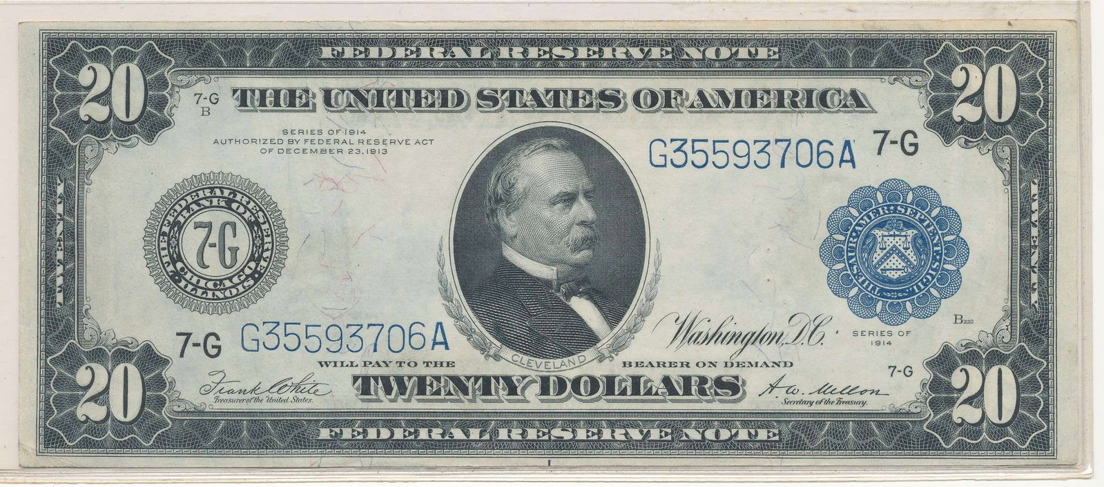 Very Fresh 1914 United States $20 Federal Reserve Note Blue Seal: Winner shall receive the exact note shown here. (RR/TVC=LIB)