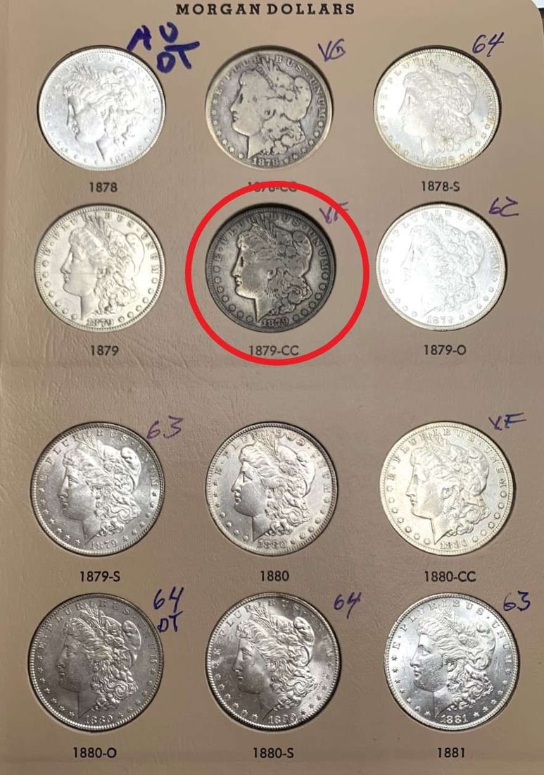 1879-CC Morgan Silver Dollar VF From Album: We got a Christmas consignment from a fastidious, older great grandfather who has been collecting from over seven decades. Each coin was the best he could settle for, for the grade. We are proud to of