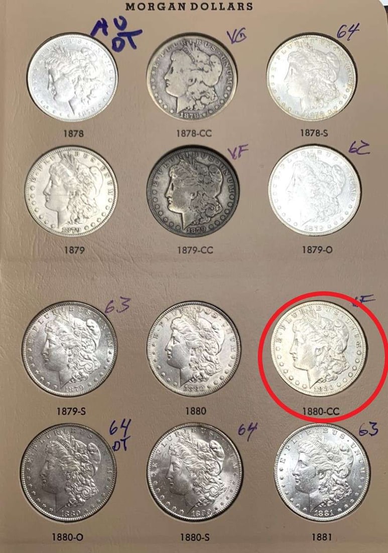 1880-CC Morgan Silver Dollar XF From Album: We got a Christmas consignment from a fastidious, older great grandfather who has been collecting from over seven decades. Each coin was the best he could settle for, for the grade. We are proud to of