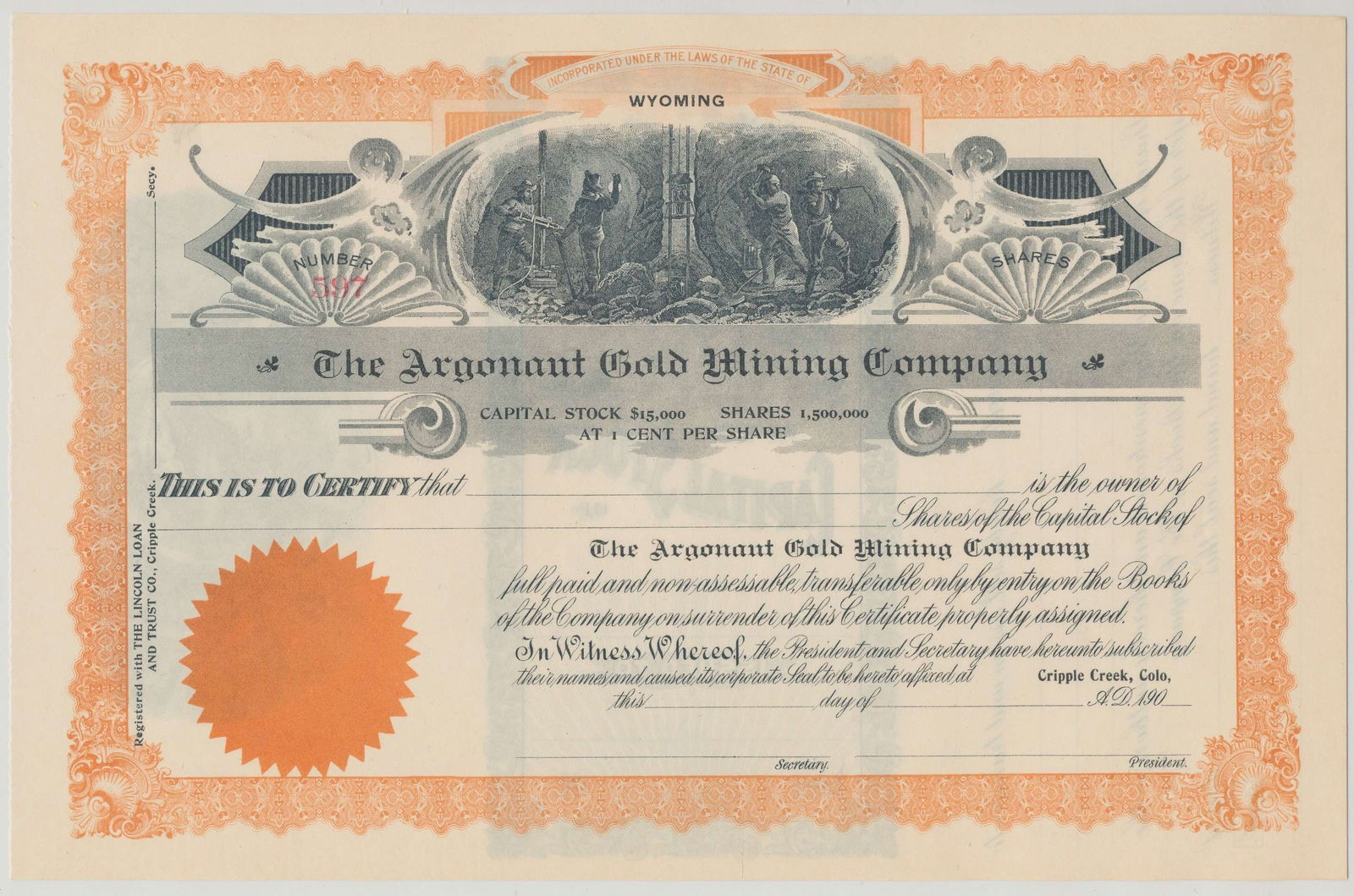 Wyoming The Argonaut Gold Mining Company Stock Certificate (1 of 4)