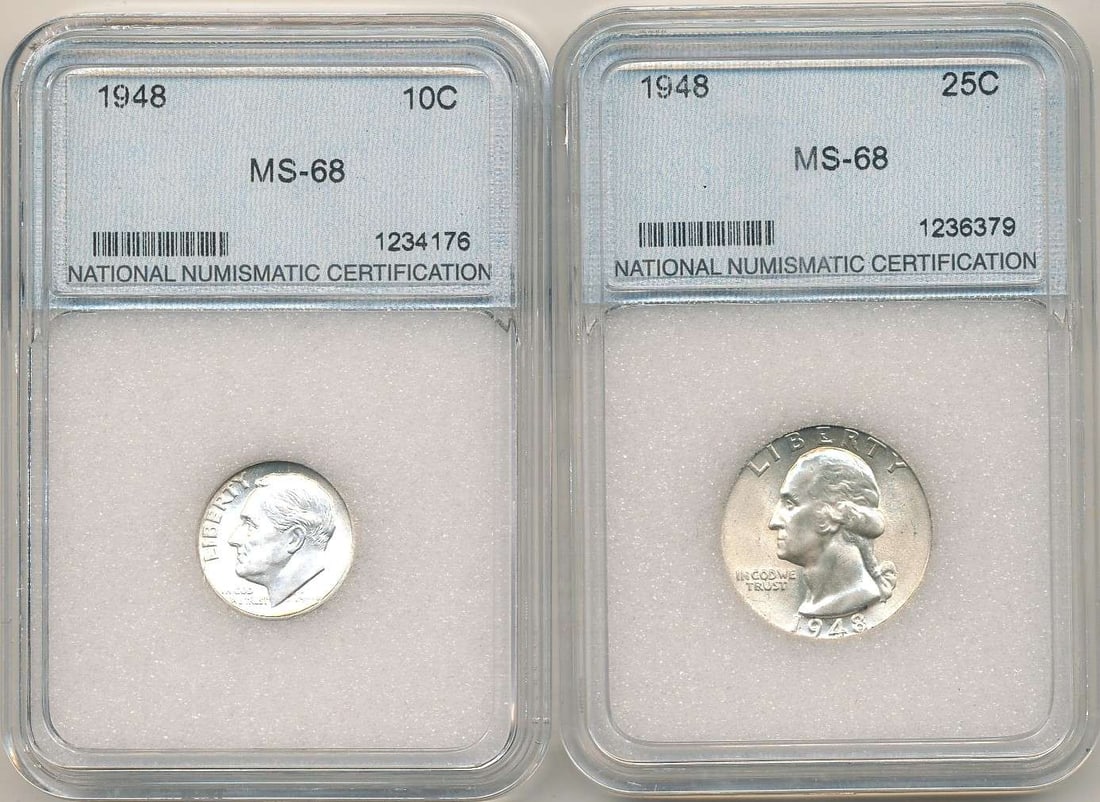 1948 Roosevelt Silver Dime & 1948 Washington Silver Quarter MS68 Set (2-coins) (1 of 6)