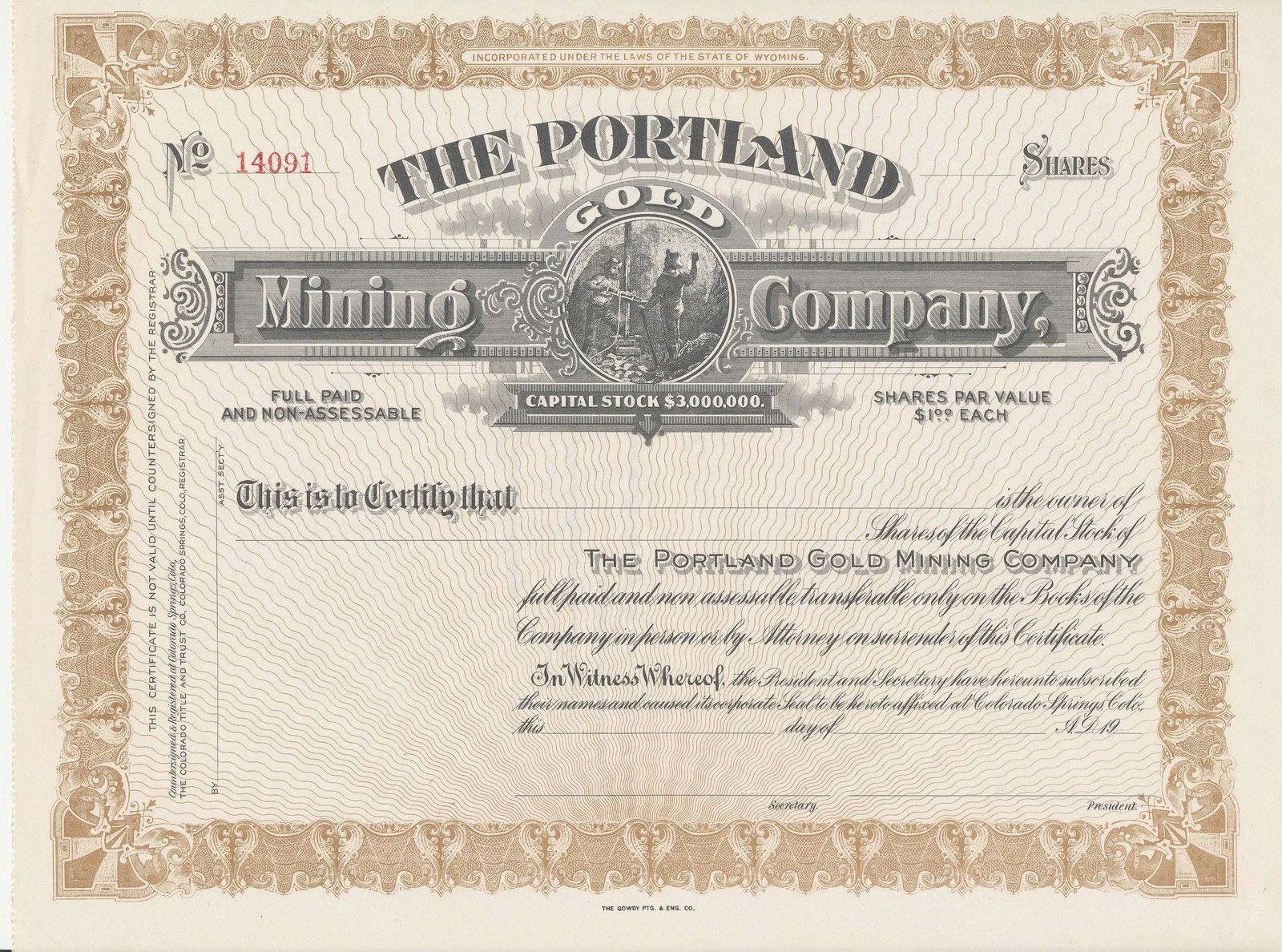 The Portland Gold Mining Company Stock Certificate (1 of 3)