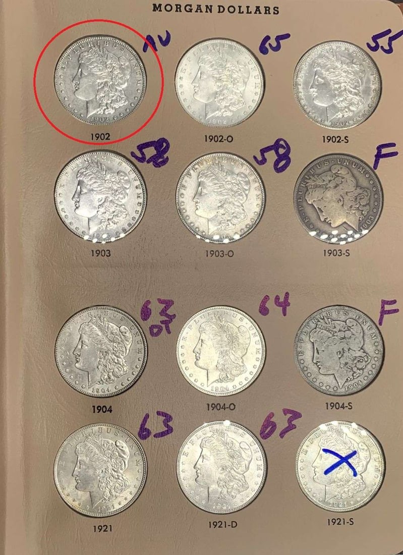 1902 Morgan Silver Dollar AU From Album: We got a Christmas consignment from a fastidious, older great grandfather who has been collecting from over seven decades. Each coin was the best he could settle for, for the grade. We are proud to of