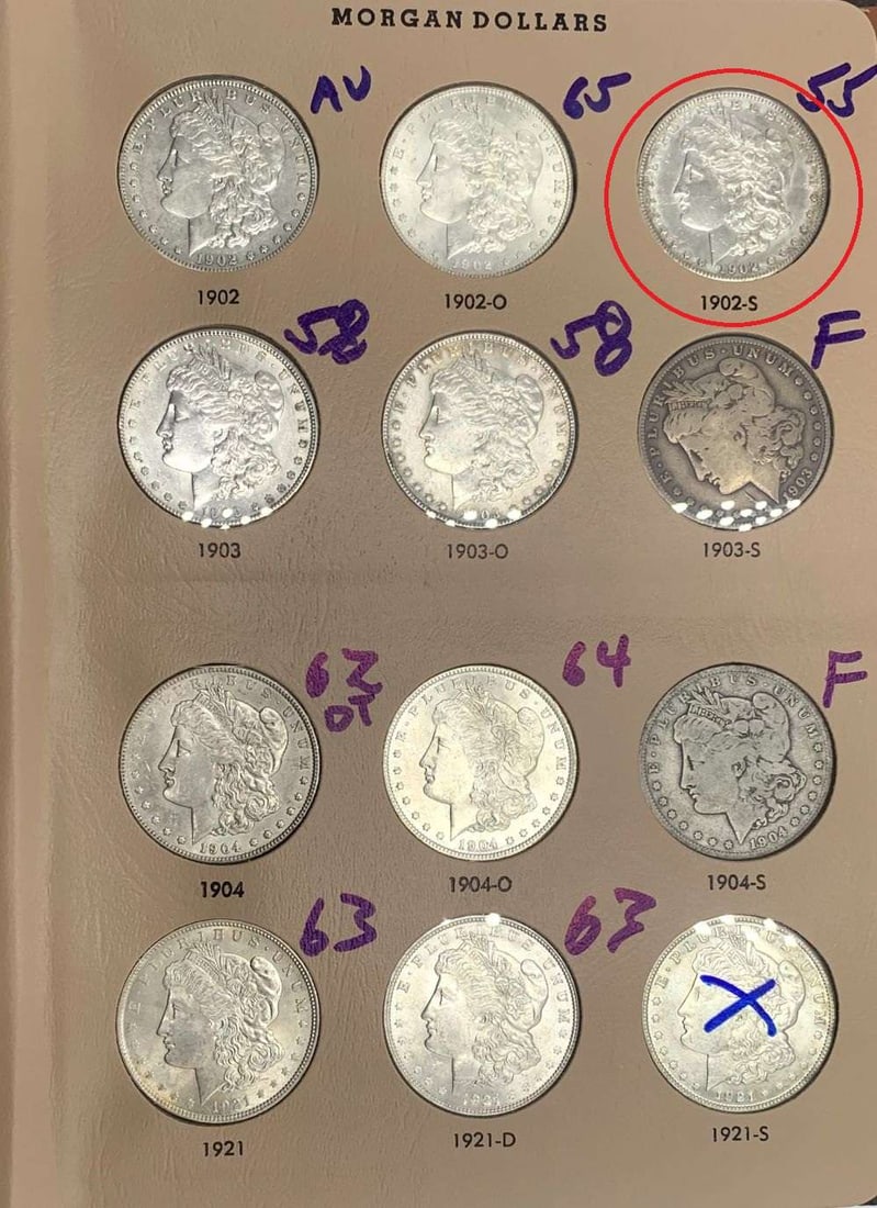 1902-S Morgan Silver Dollar AU55 From Album: We got a Christmas consignment from a fastidious, older great grandfather who has been collecting from over seven decades. Each coin was the best he could settle for, for the grade. We are proud to of