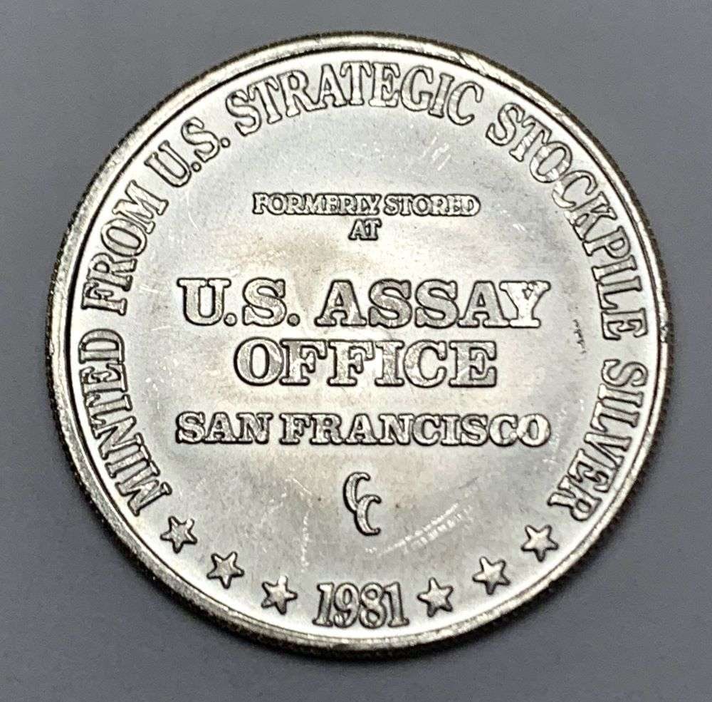 1981-CC U.S. Assay Office San Francisco 1 ozt .999 Silver Trade Unit: Winner shall receive (1) coin precisely resembling the one shown here. (RM/B)