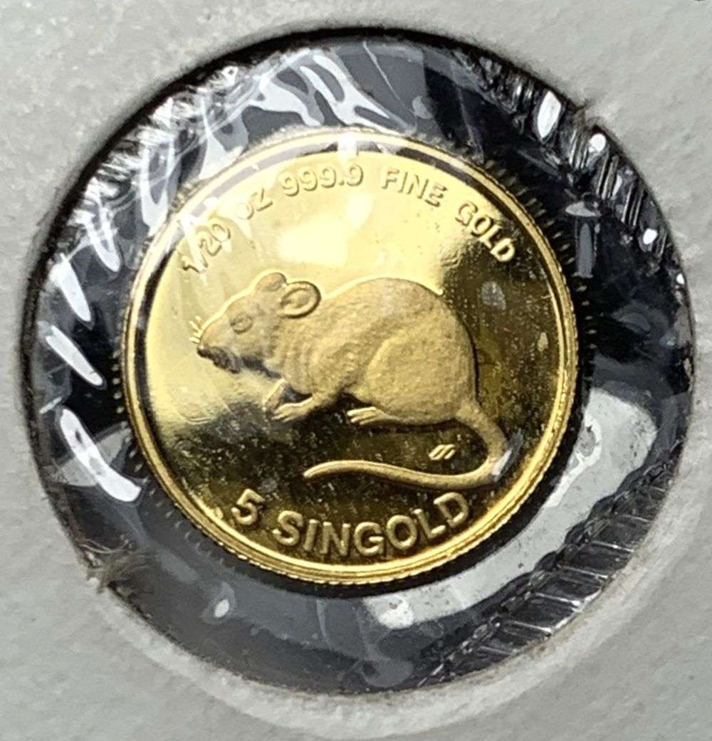 Rare 1984 Year of the Rat .9999 Gold 1/20 ozt: We are pleased to offer (7) rare 1984 year of the rat gold coins minted by the Singold Mint in Singapore. Winner shall receive the exact coin shown here. (MK/LBB)