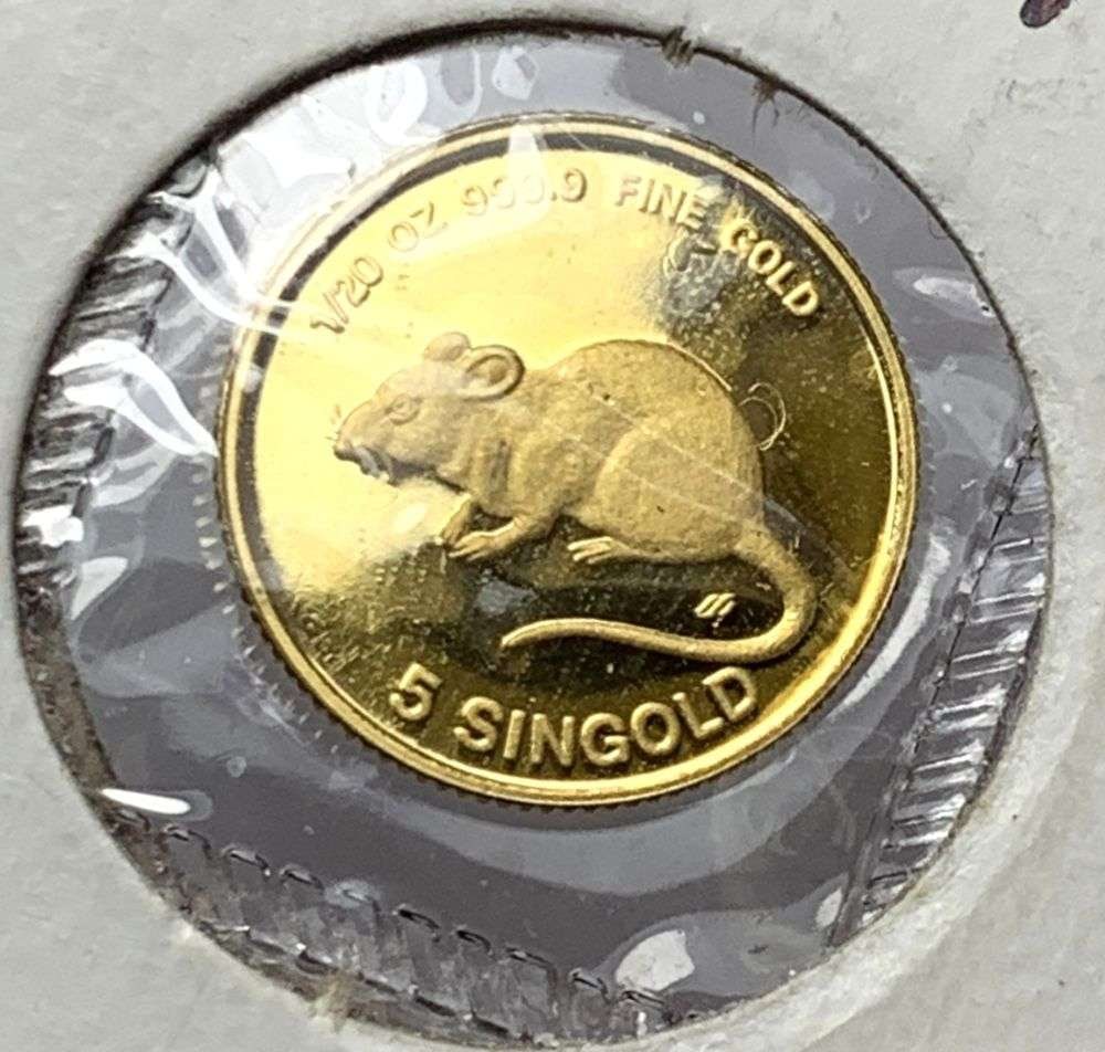 Rare 1984 Year of the Rat .9999 Gold 1/20 ozt: We are pleased to offer (7) rare 1984 year of the rat gold coins minted by the Singold Mint in Singapore. Winner shall receive the exact coin shown here. (MK/LBB)