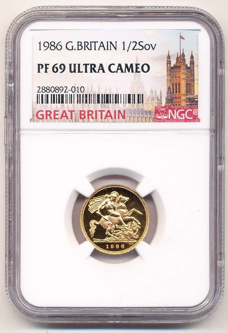 1986 Great Britain Gold 1/2 Sovereign .1176 ozt AGW NGC PF69 Ultra Cameo: Winner shall receive the exact coin shown here. (MK/UBB)
