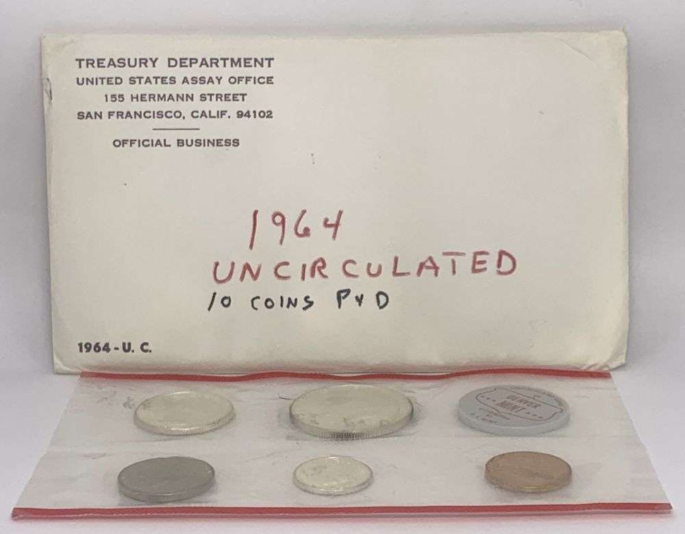 Old Time Fresh, Spectacular Original 1964-D United States Mint Set (5-coins) (1 of 3)