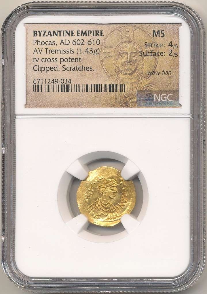 Ancient Byzantine Empire Phocas AD 602-610 AV Tremissis 1.43g Gold NGC MS (1 of 4)