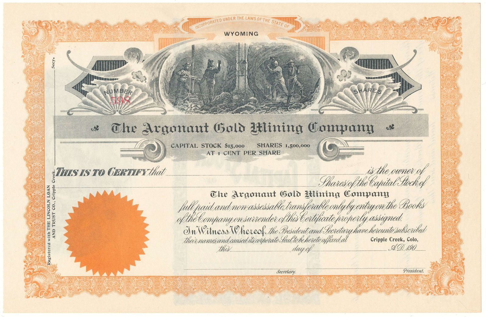The Argonaut Gold Mining Company Stock Certificate (1 of 2)