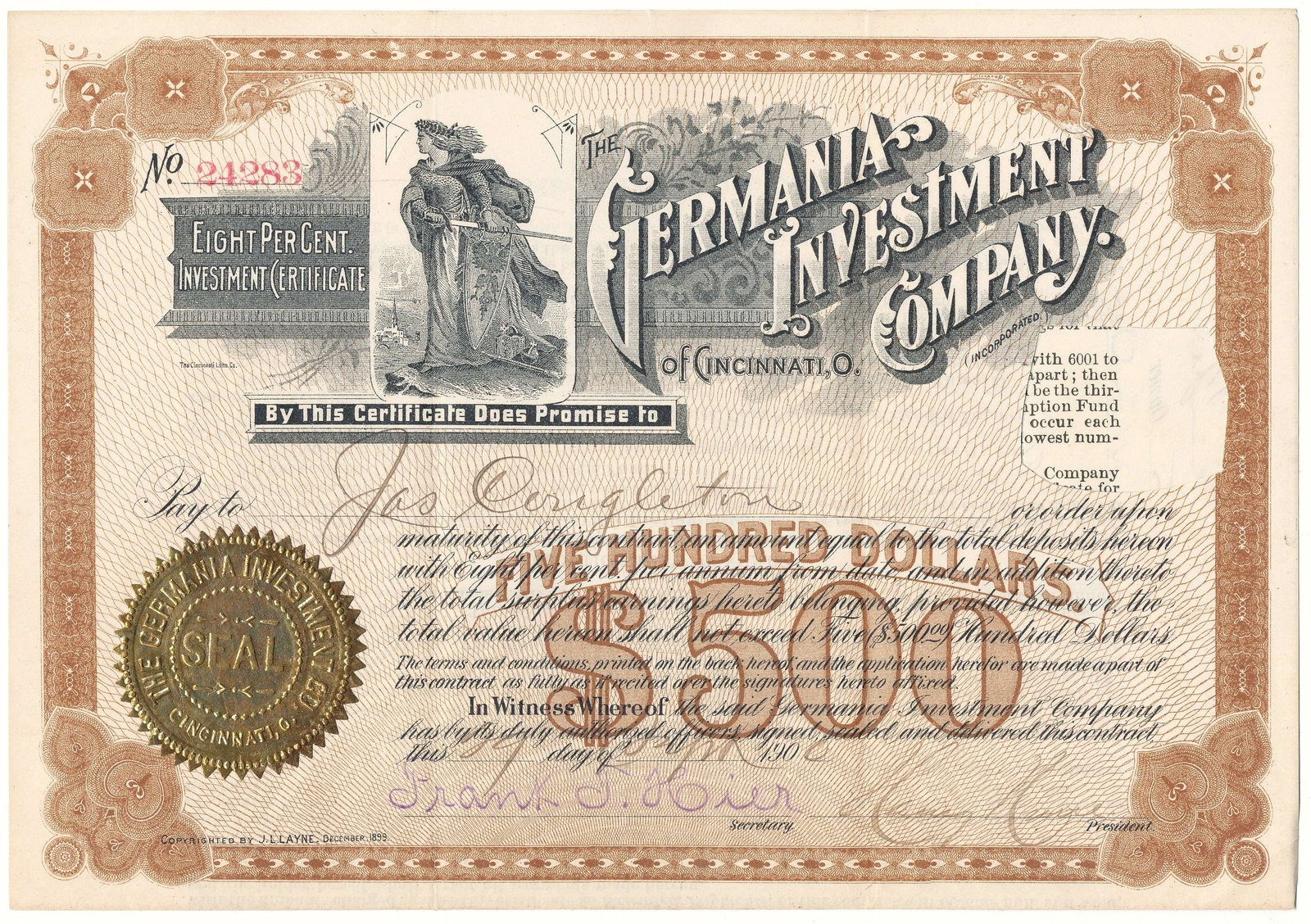 The Germania Investment Company 8% Investment Certificate: Winner shall receive the exact item shown here. (RR)