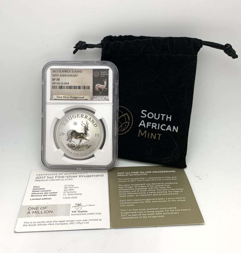 2017 South Africa Krugerrand Silver 1 ozt NGC SP70 50th Anniversary: Winner shall receive the exact coin shown here. (RM/B)