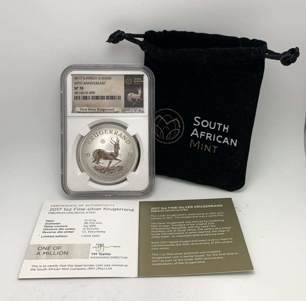 2017 South Africa Krugerrand Silver 1 ozt NGC SP70 50th Anniversary: Winner shall receive the exact coin shown here. (RM/B)