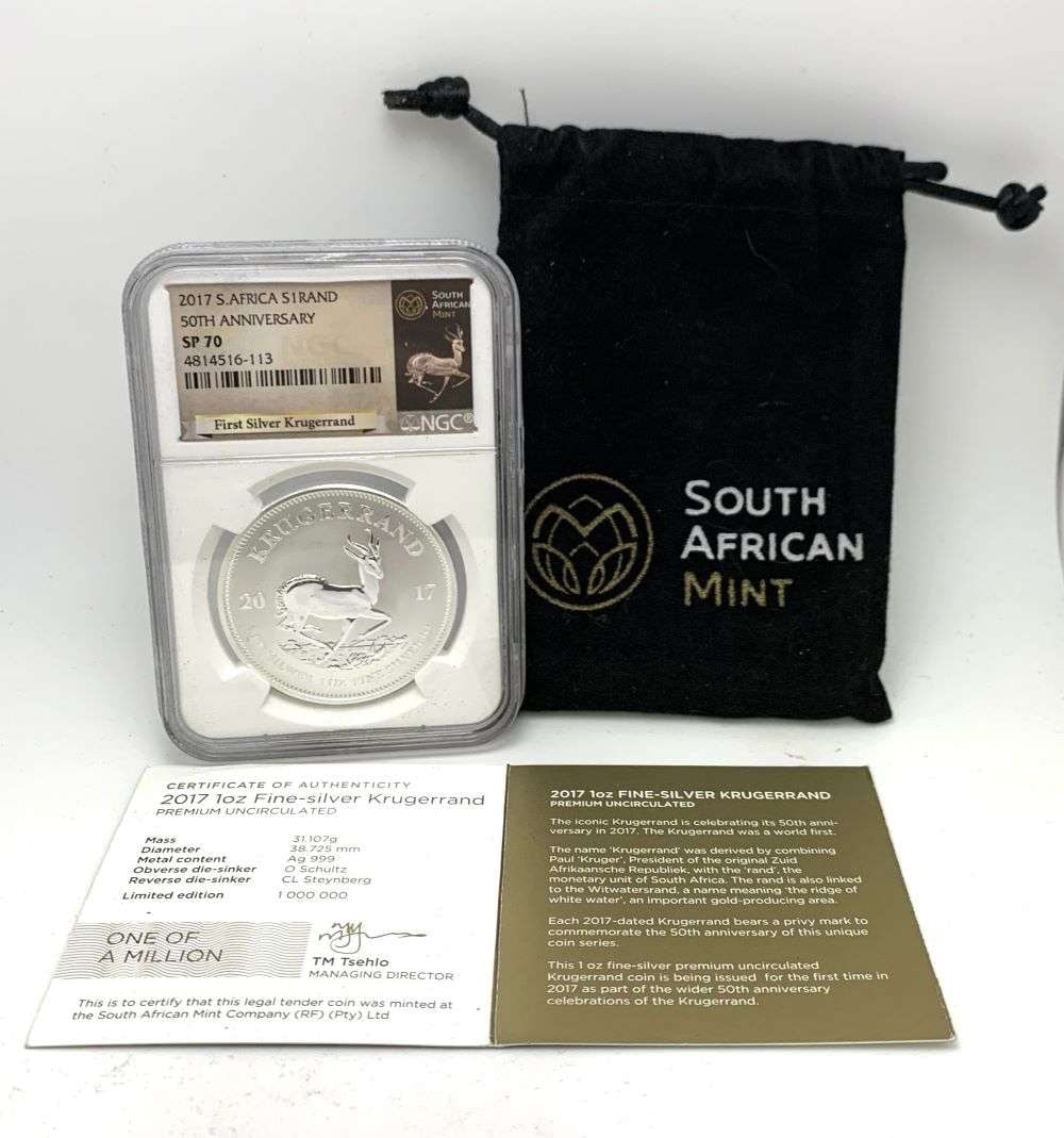 2017 South Africa Krugerrand Silver 1 ozt NGC SP70 50th Anniversary: Winner shall receive the exact coin shown here. (RM/B)