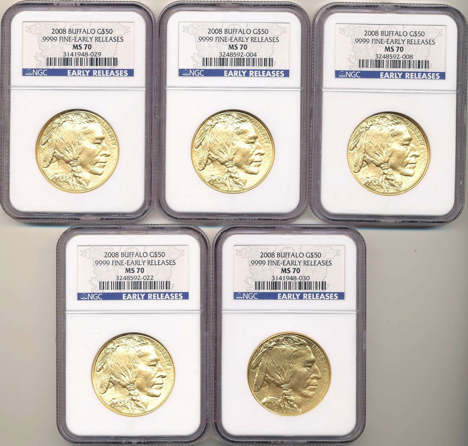 Last Minute! (5) 2008 American $50 Buffalo .9999 Gold 1 ozt NGC MS70 Early Releases (1 of 6)