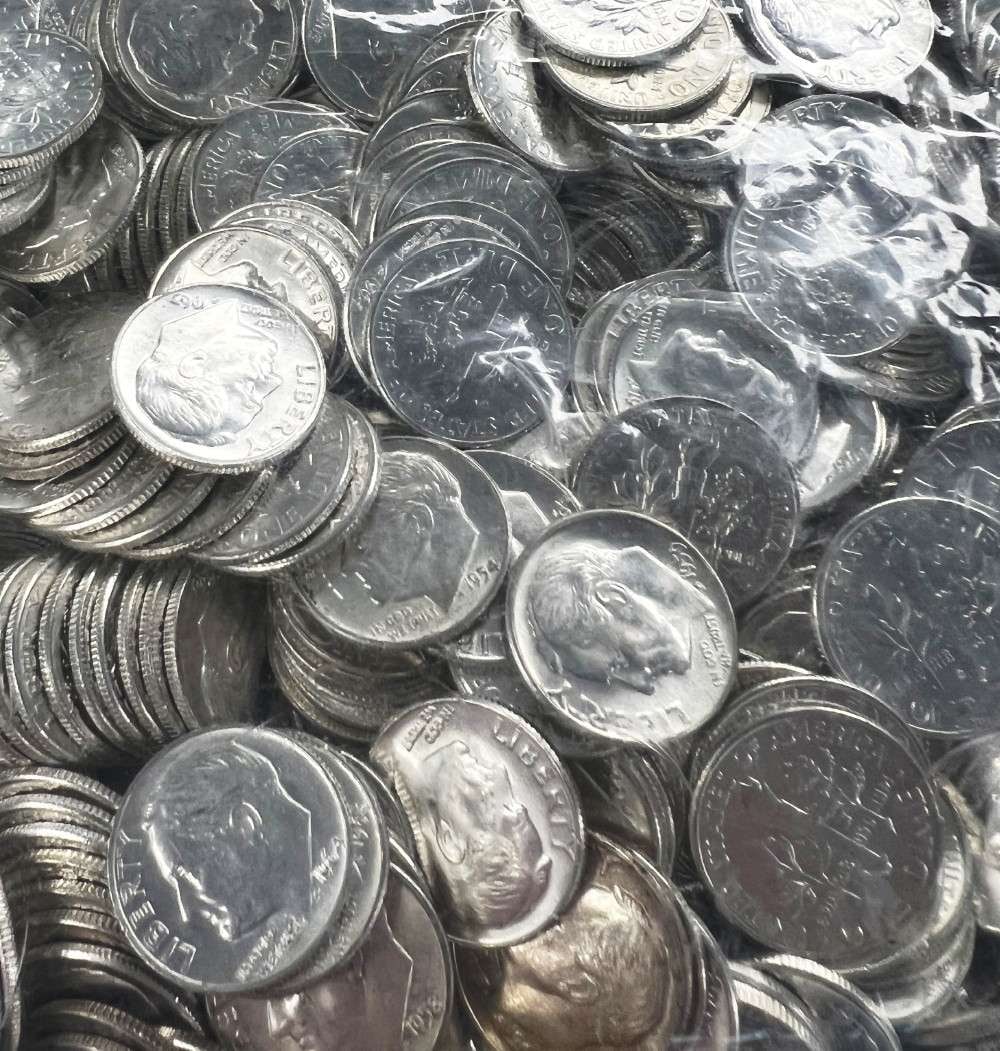 $100 FV Mint Condition Pre-65 Roosevelt 90% Silver Dimes: Winner shall receive (1) bag $100 face value of Roosevelts 90% silver mint condition pre-1965 coins (1,000-coins), precisely resembling the coins shown here. Please allow 2-4 weeks for shipping.