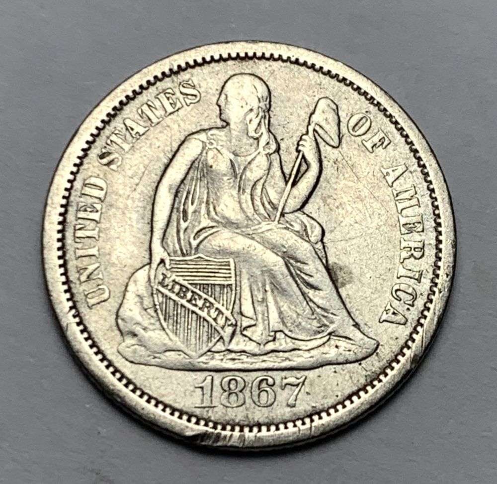 Super Rare 1867-S Seated Liberty Silver Dime AU58: Winner shall receive the exact coin shown here. (MK/B)