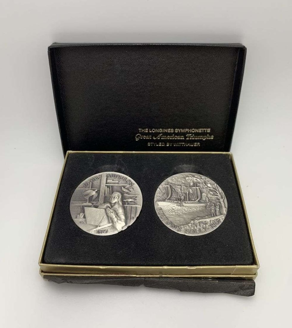Vintage 1807-1827 Sterling Silver Medals Fulltons Folly & James Audubon Set (2-coins): Winner shall receive the exact set (2-coins) shown here. (RM/RB)