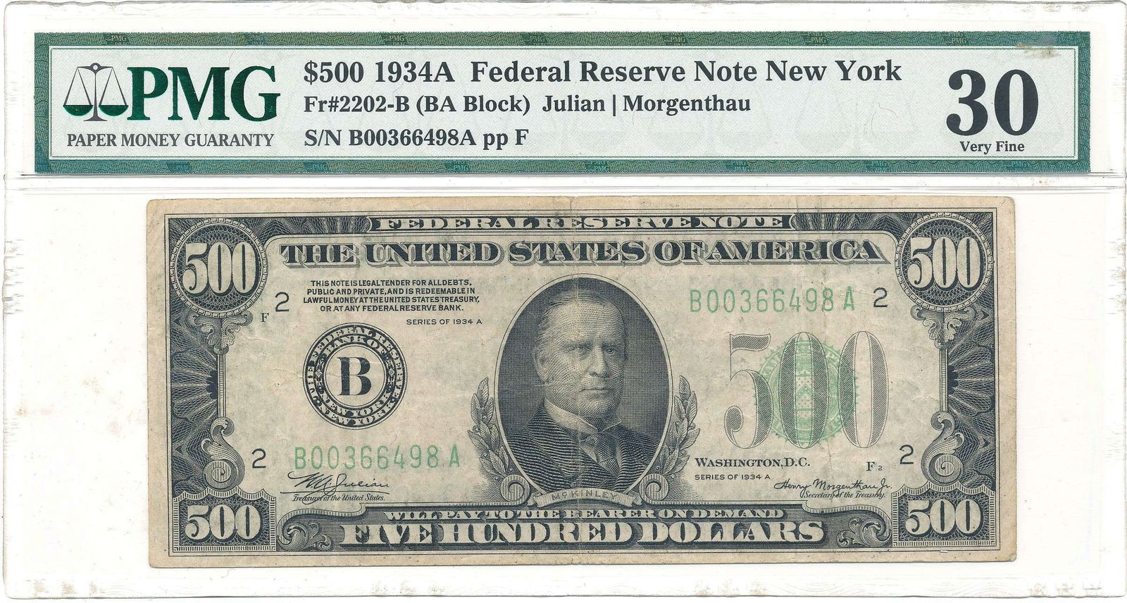 1934A New York Federal Reserve $500 Note Fr#2202-B PMG VF30: Winner shall receive the exact note shown here. (RR)