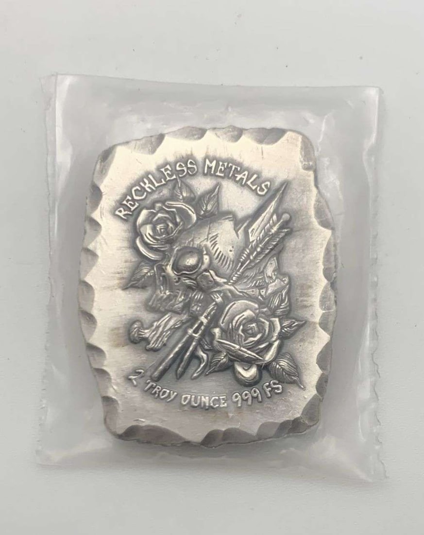 Rare Reckless Metals Rose & Skull 2 ozt .999 Silver: Winner shall receive the exact bar shown here. (RM/B)