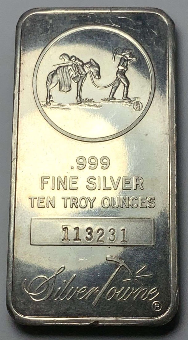 SilverTowne Trademark 10 ozt .999 Silver Bar: Winner shall receive the exact bar shown here. (MK/B)