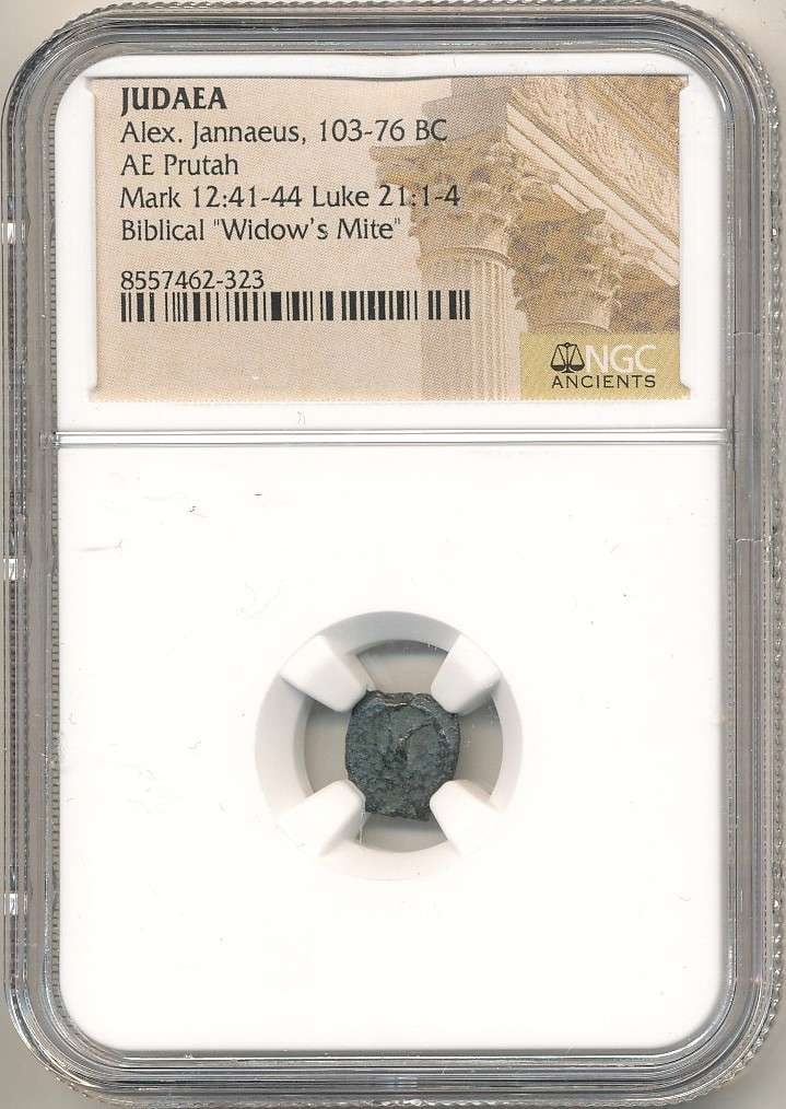 Ancient Judea 103-76 BC AE Prutah Biblical "Widow's Mite" NGC: Winner shall receive the exact coin shown here. (RR/B)