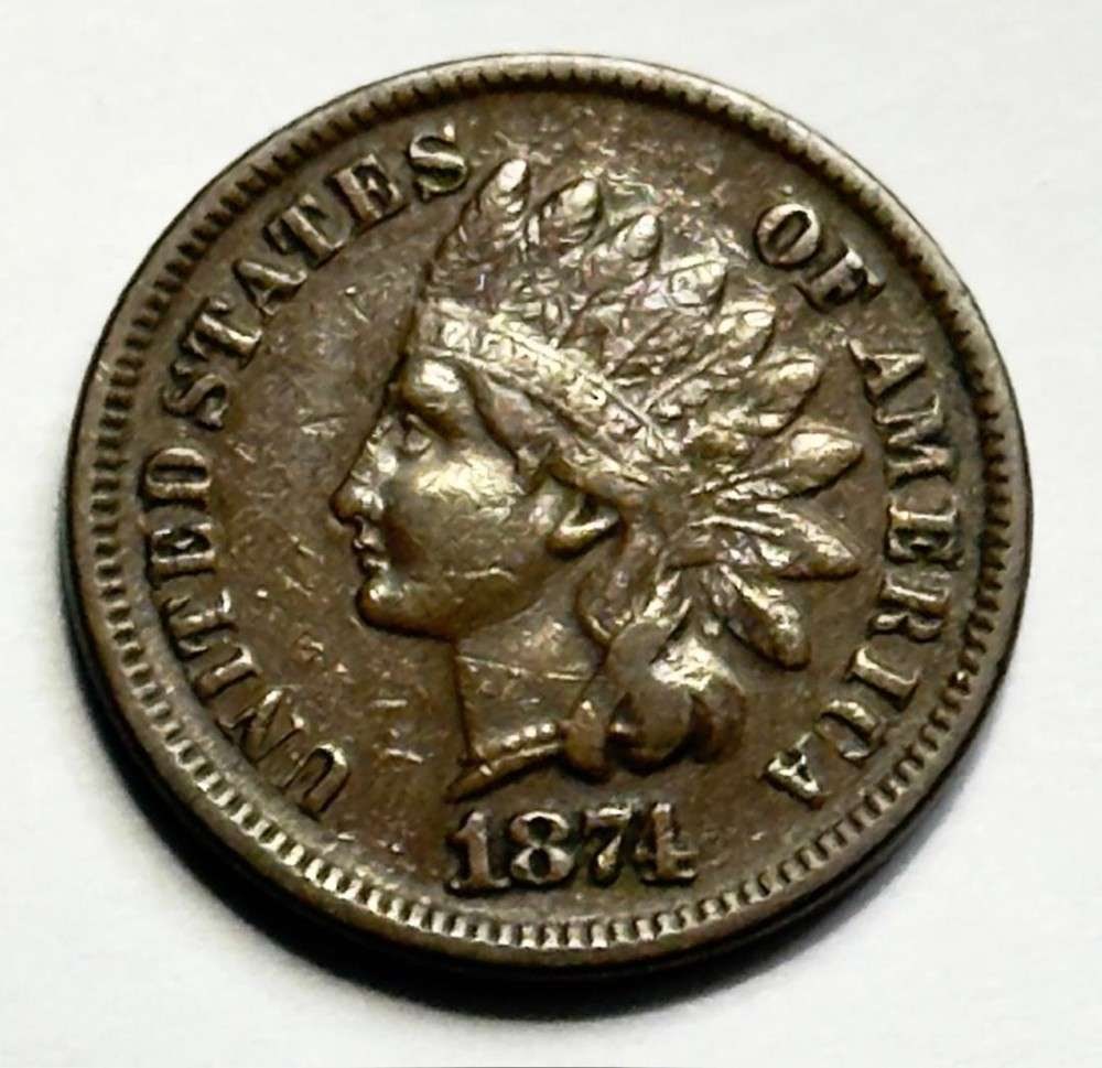 1874 Indian Head Cent XF: Winner shall receive the exact coin shown here. (SJ/B)