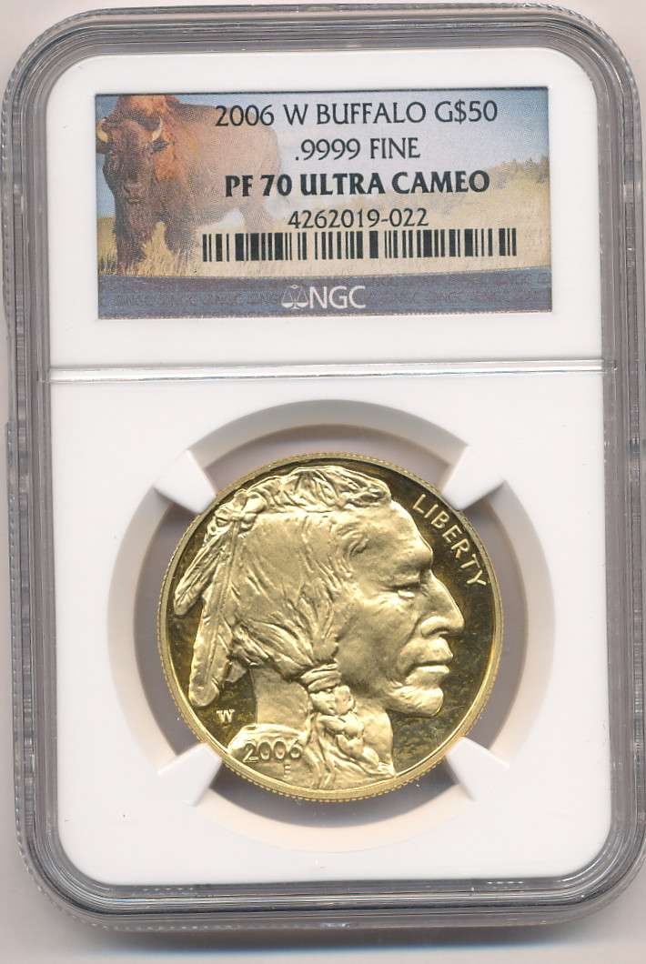 2006-W American $50 Buffalo 1 ozt .9999 Gold NCG PF70 Ultra Cameo: Winner shall receive the exact coin shown here. (RM/PUBB)