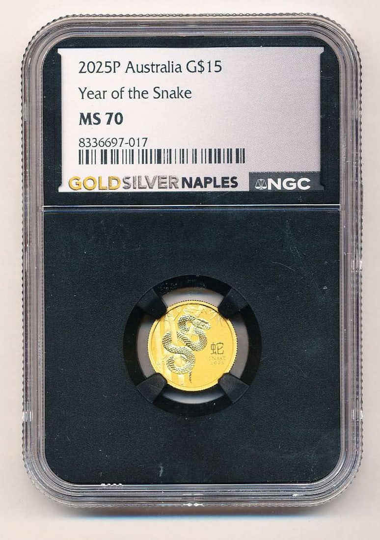 2025-P Australia $15 Year of the Snake .9999 Gold 1/10th ozt NGC MS70: Winner shall receive the exact coin shown here. (MK/TVC=B)