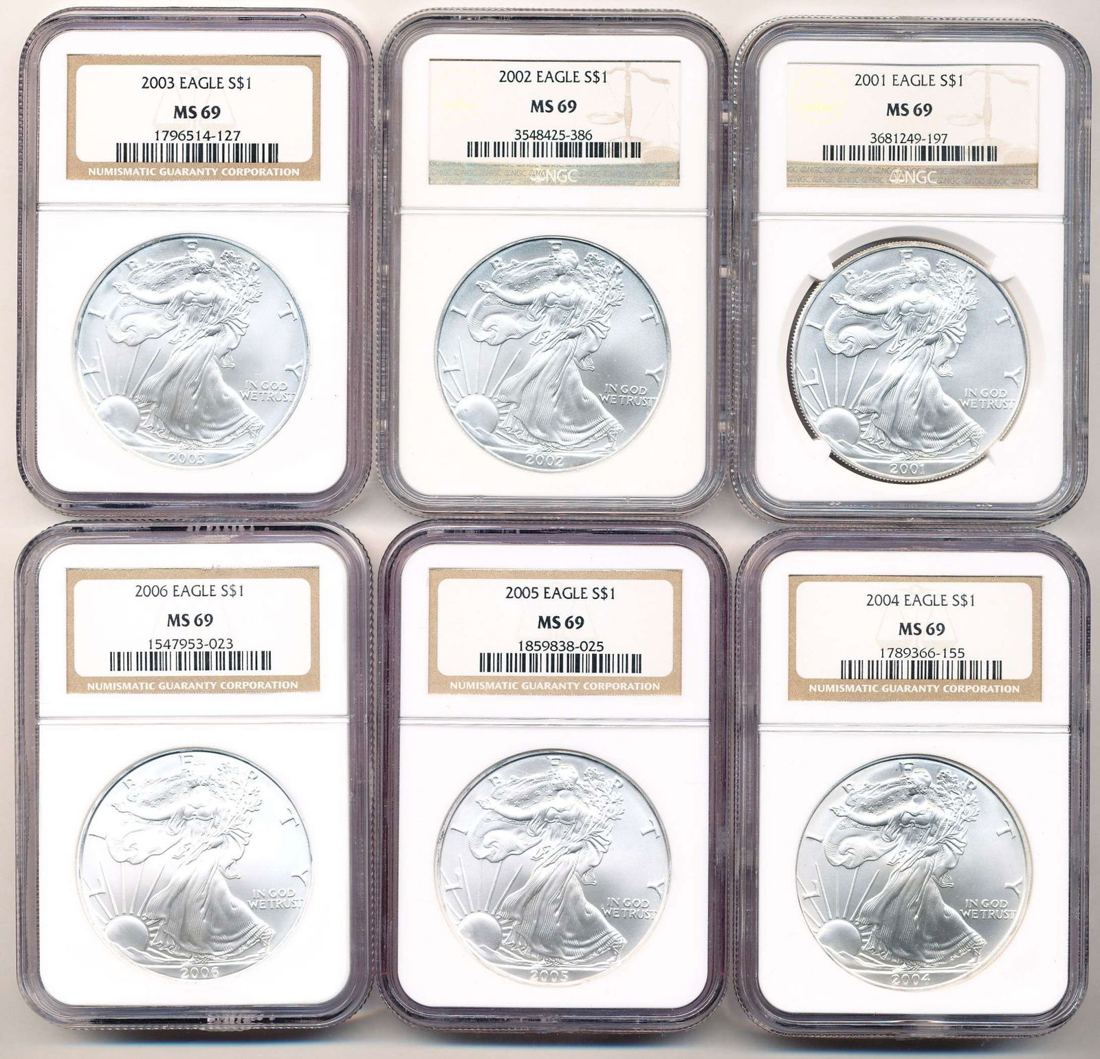2001-2006 American Silver Eagle NGC MS69 (6-coins) (1 of 6)