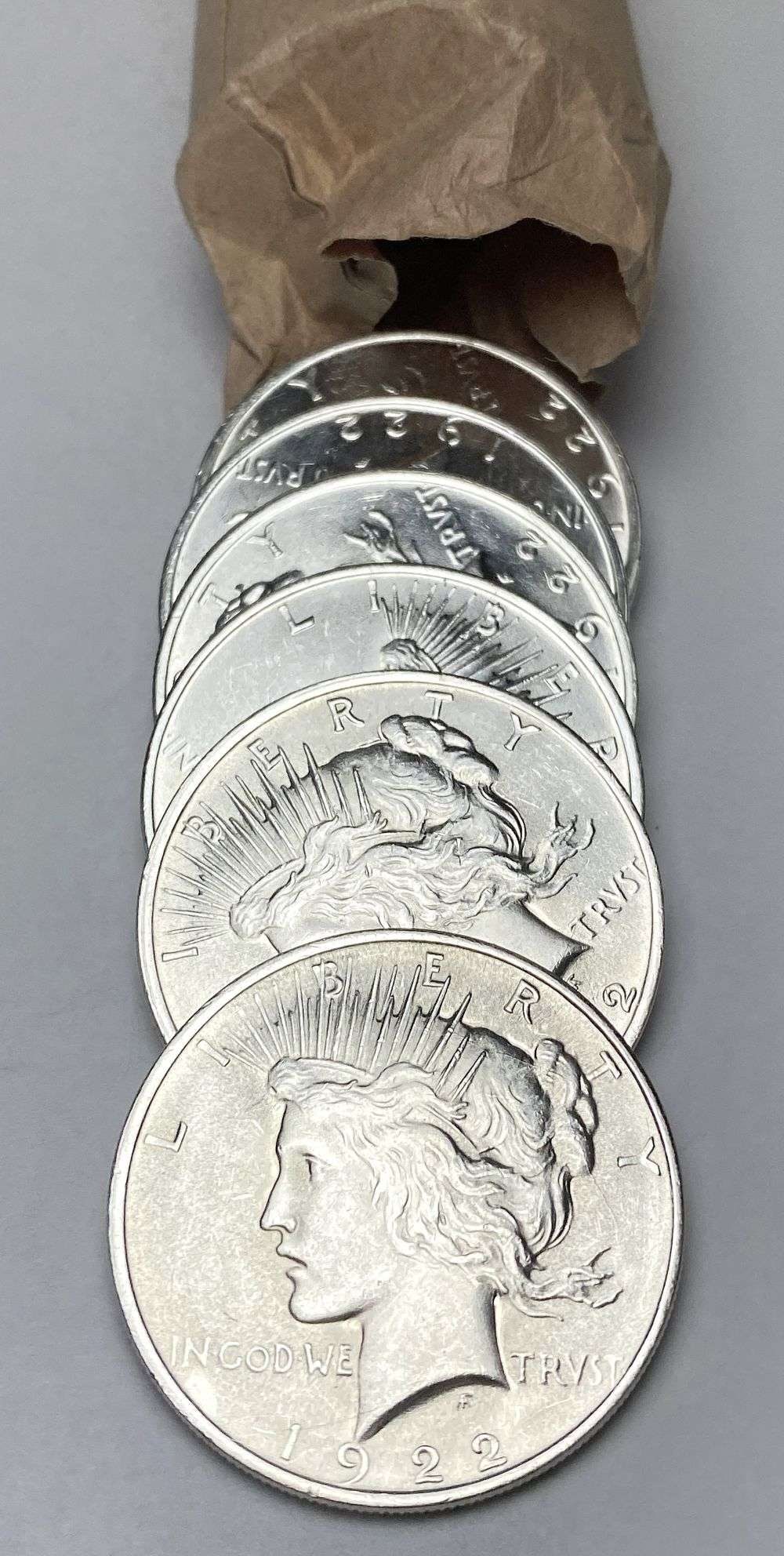 Like New Roll (20-coins) 1922 Peace Silver Dollar: Winner shall revceive the exact roll (20-coins) shown here. (MK/LUBB)