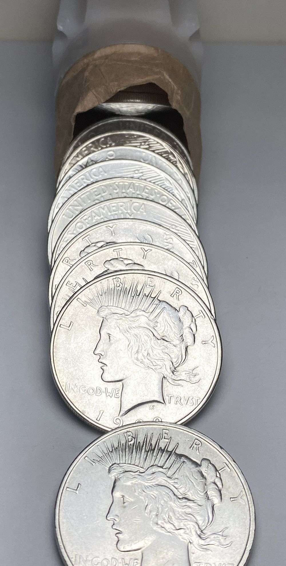 Like New Roll (20-coins) 1922-D Denver Peace Silver Dollar: Winner shall receive the exact roll (20-coins) shown here. (MK/LUBB)