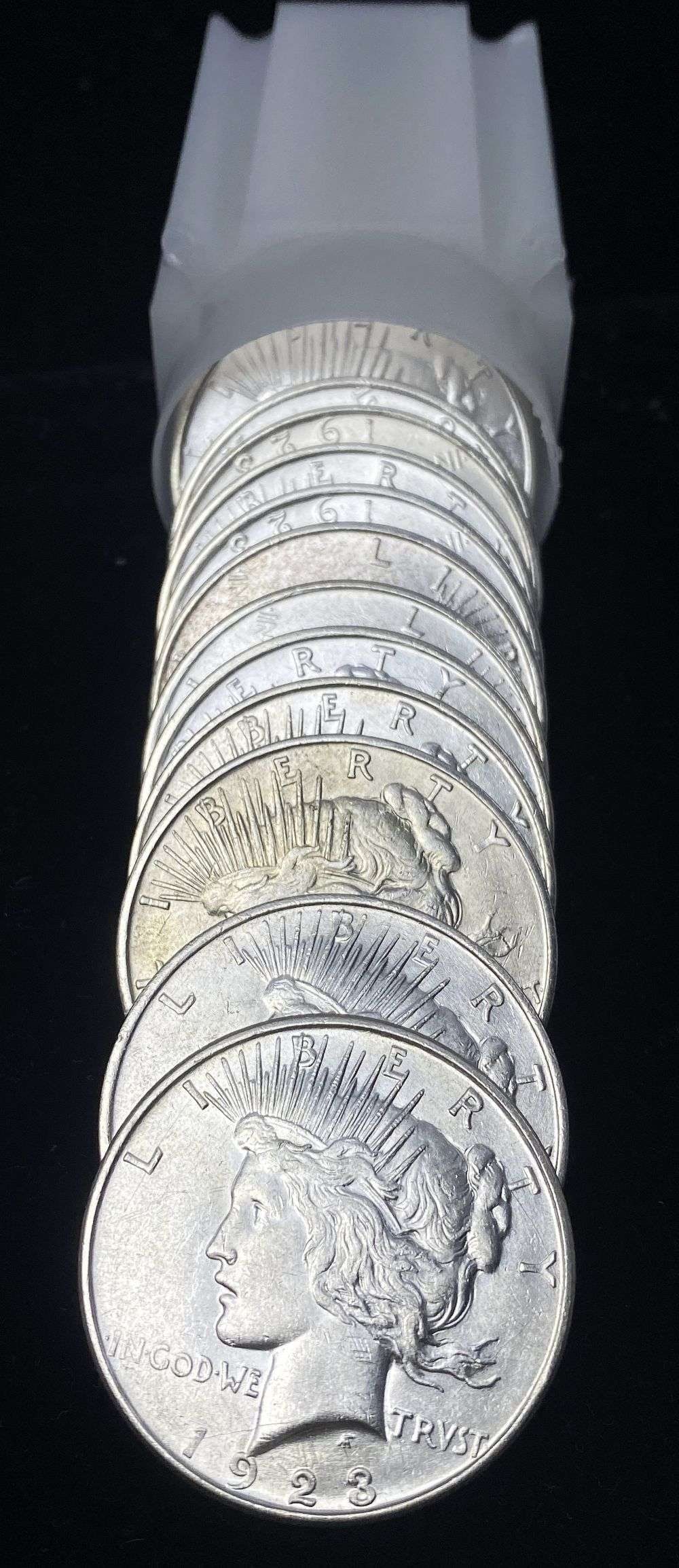 Like New Roll (20-coins) 1923-D Denver Peace Silver Dollar: Winner shall receive the exact roll (20-coins) shown here. (RR/LUBB)