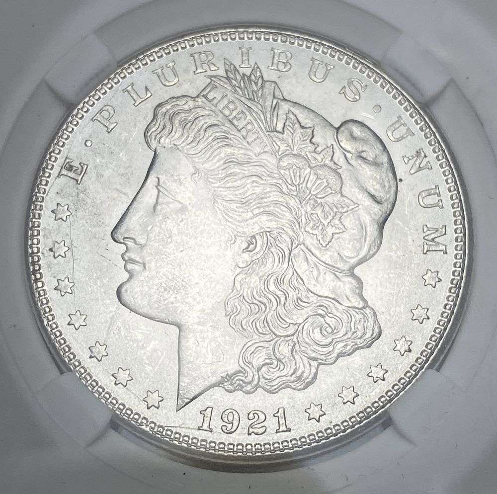 1921-D Morgan Silver Dollar MS65: IMPORTANT NOTE: We do not agree with the grade provided with this "off-brand" grading company. Winner shall receive the exact coin shown here. (RR)