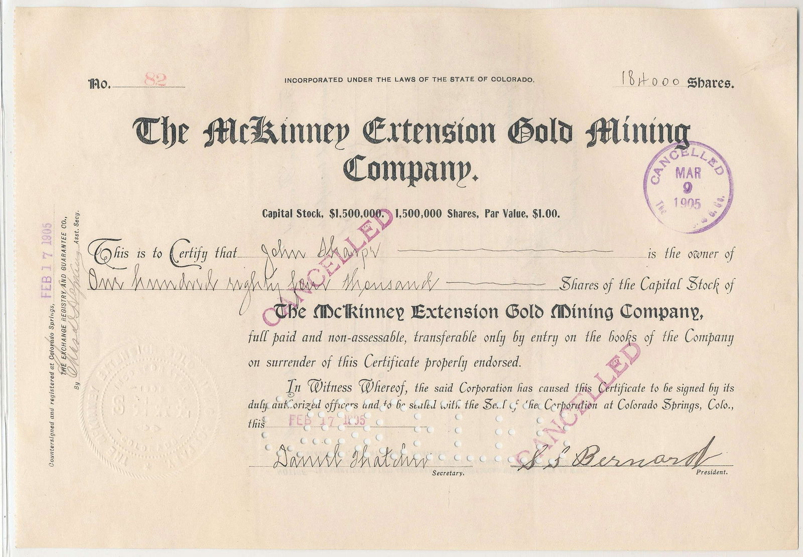 The McKinney Extension Gold Mining Company Stock Certificate: Winner shall receive the exact item shown here. (RR)