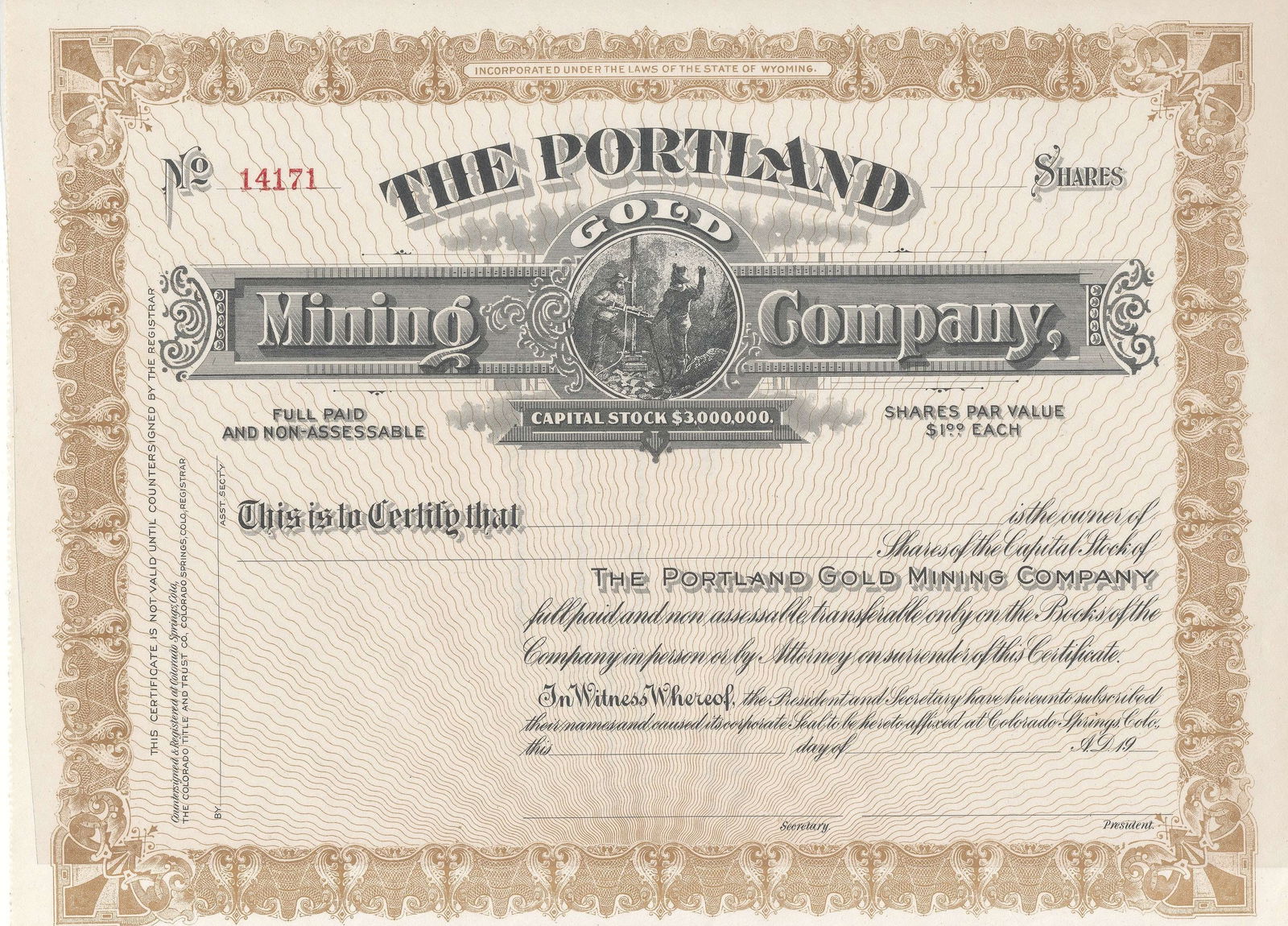 The Portland Mining Gold Company Stock Certificate: Winner shall receive the exact item shown here. (RR)