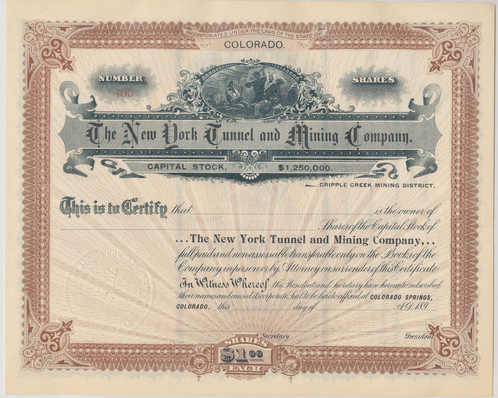 Colorado The New York Tunnel & Mining Company Stock Certificate (1 of 4)
