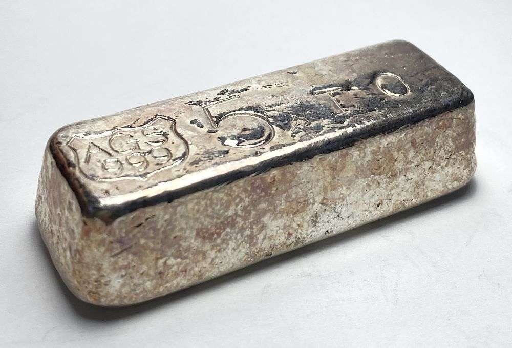 Last Minute! Rare Vintage AGS 5 ozt .999 Silver Bar: Winner shall receive the exact bar shown here. (RR/UUR)