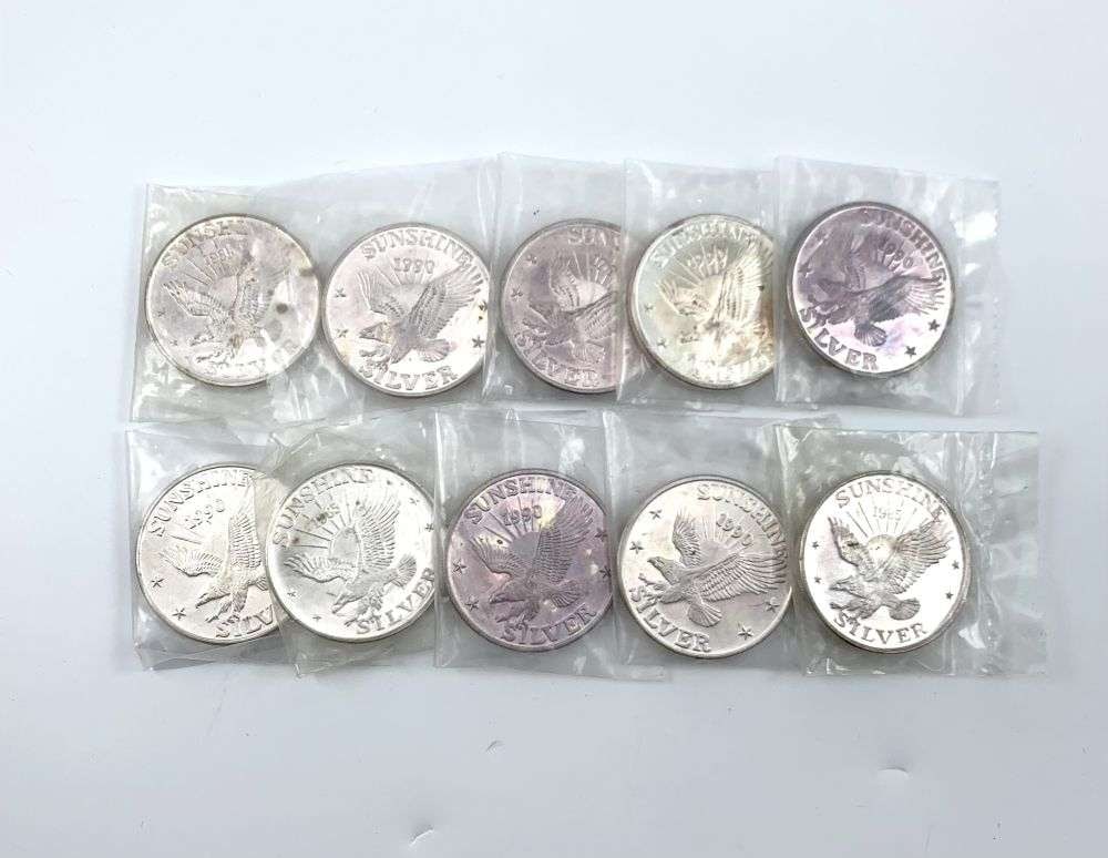 Last Minute! (10) 1985-1990 Sunshine Mining Eagle 1 ozt .999 Silver: Winner shall receive the exact (10-coins) shown here. (RM/B)