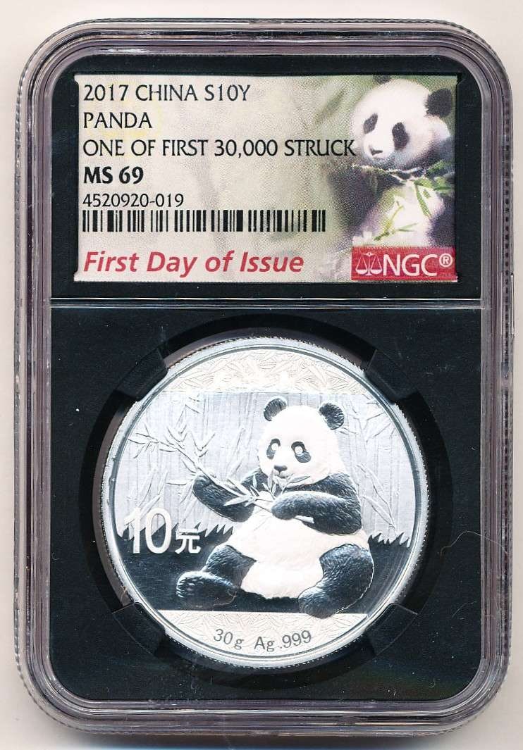 Last Minute! 2017 Chinese Panda 10yn 30g .999 Silver NGC MS69 First Day of Issue: Winner shall receive the exact coin shown here. (MK/TVC=B)