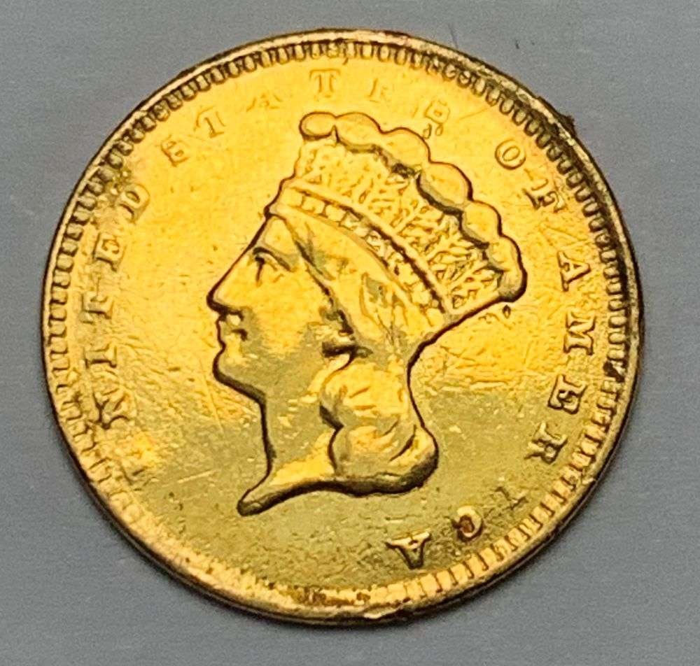 Last Minute! 1856 Gold $1 Princess AU58 Ex Jewelry: Winner shall receive the exact coin shown here. (RM/B)